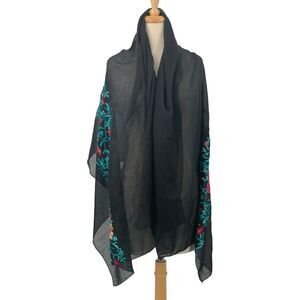 Women's Lightweight Black Multi-Colored Floral Embroidered Scarf Wrap OS‎
